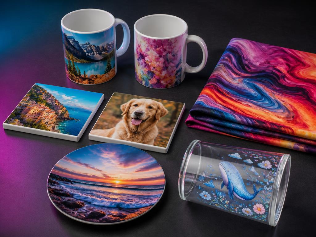 Canecas, azulejos, produtos de vidro e tecido colorido personalizados por sublimação
